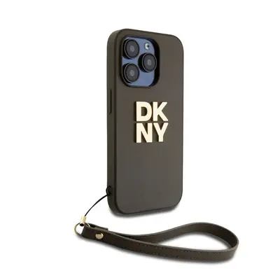 DKNY PU Leather Stack Logo Apple iPhone 14 Pro hátlap tok csuklópánttal, barna