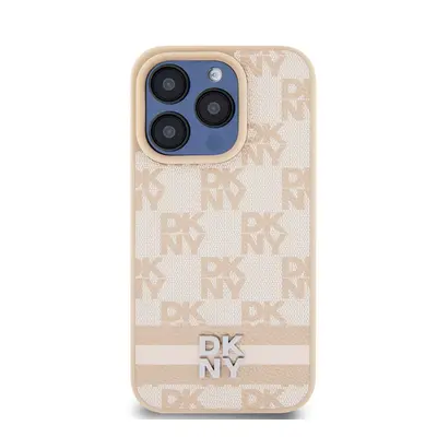 DKNY PU Leather Checkered Pattern and Stripe Apple iPhone 15 Pro tok, rózsaszín