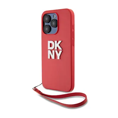 DKNY PU Leather Stack Logo Apple iPhone 14 Pro Max hátlap tok csuklópánttal, piros