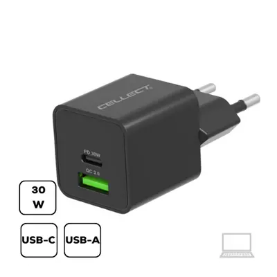 Hálózati töltő adapter Type-C + USB, PD 30W / QC3.0 18W, fekete