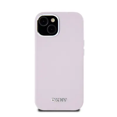 DKNY Liquid Silicone Silver Metal Logo Magsafe iPhone 15 hátlap tok, rózsaszín