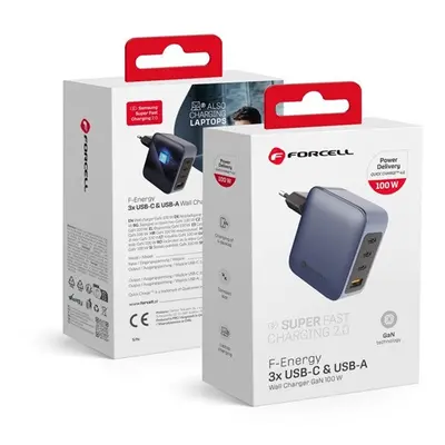 Forcell hálózati gyorstöltő 3xType-C + USB, PD + QC 4.0, 4A, 100W, kék