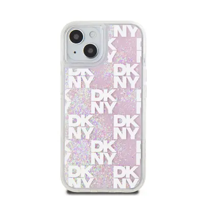 DKNY Liquid Glitter Checkered Pattern iPhone 15 hátlap tok, rózsaszín