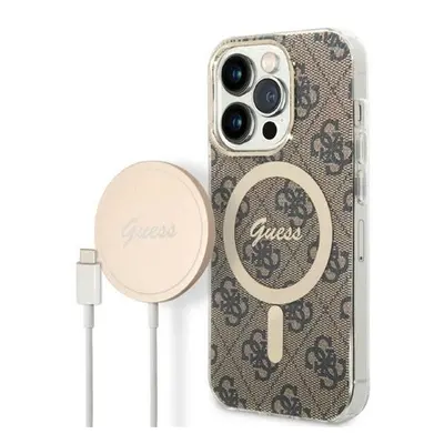 Guess 4G Print MagSafe Apple iPhone 14 Pro Max hátlap tok, barna + MagSafe töltő