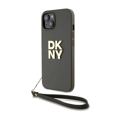 DKNY PU Leather Stack Logo Apple iPhone 15 hátlap tok csuklópánttal, barna