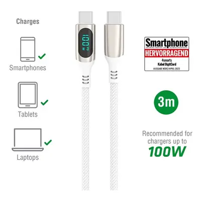 4smarts DigitCord USB / Type-C töltő- és adatkábel, 100W, 3m, fehér