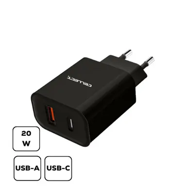 Cellect Hálózati töltő adapter gyorstöltő USB + Type-C (MTCB-PD20W-BK), 20W, fekete