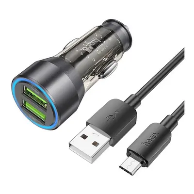 Hoco NZ12 autós szivargyújtó töltő 2xUSB QC + microUSB kábel, 18W, átlátszó-fekete