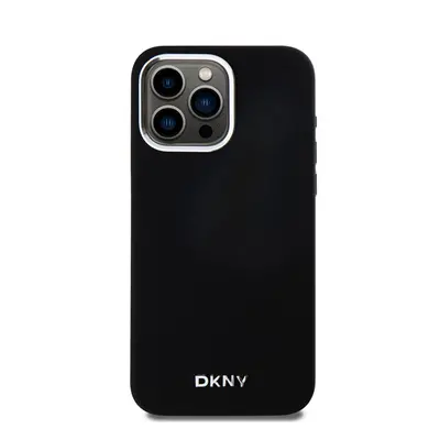 DKNY Liquid Silicone Silver Metal Logo Magsafe iPhone 15 Pro Max hátlap tok, fekete