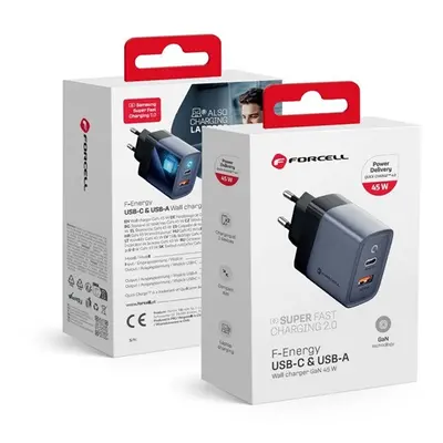 Forcell hálózati gyorstöltő Type-C + USB, PD + QC 4.0, 4A, 45W, kék