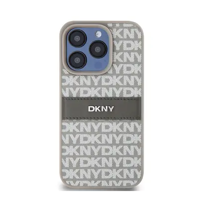 DKNY PU Leather Repeat Pattern Tonal Stripe iPhone 15 Pro Max hátlap tok, bézs