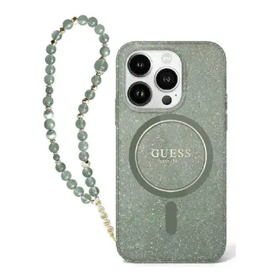 Guess IML Glitter iPhone 16 Pro MagSafe kemény hátlap tok karpánttal, zöld GUHMP16LHGCRELSA