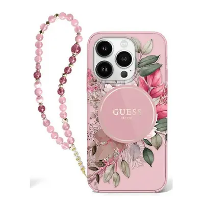 Guess IML Flowers iPhone 16 Plus kemény hátlap tok karpánttal, rózsaszín GUHMP16MHFWBRCESP