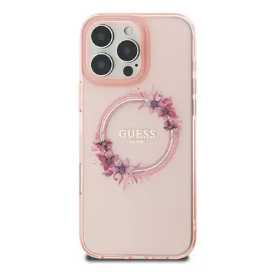 Guess IML Flowers Wreath iPhone 16 MagSafe kemény hátlap tok, rózsaszín GUHMP16SHFWFCP