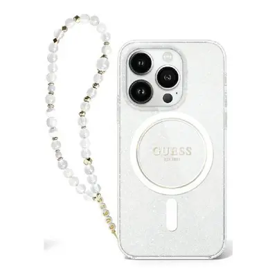 Guess IML Glitter iPhone 16 Plus MagSafe kemény hátlap tok karpánttal, átlátszó GUHMP16MHGCRELST