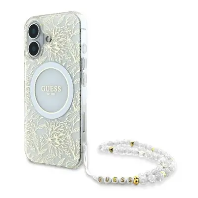 Guess IML Flowers Allover Electro iPhone 16 kemény hátlap tok pánttal, fehér GUHMP16SHCPOFPH