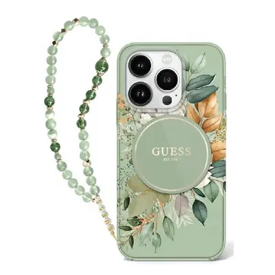 Guess IML Flowers iPhone 16 Pro kemény hátlap tok karpánttal, zöld GUHMP16LHFWBRCESN