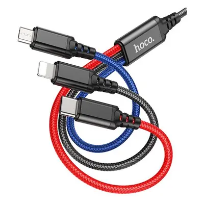 HOCO X76 3in1 USB / Lightning / MicroUSB / Type-C töltő- és adatkábel, fekete-piros-kék