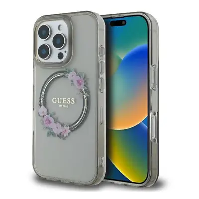 Guess IML Flowers Wreath iPhone 16 Pro MagSafe kemény hátlap tok, fekete GUHMP16LHFWFCK