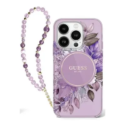 Guess IML Flowers iPhone 16 Plus kemény hátlap tok karpánttal, lila GUHMP16MHFWBRCESU