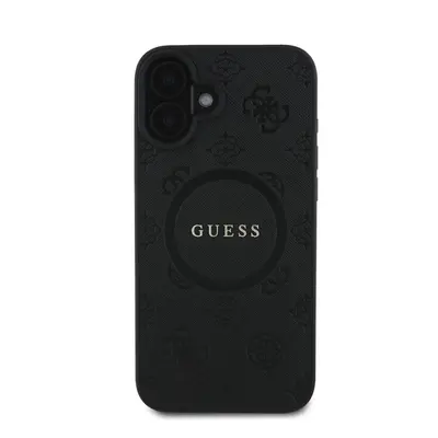 Guess Saffiano Peony Stamp Apple iPhone 16 Magsafe kompatibilis hátlap tok, fekete