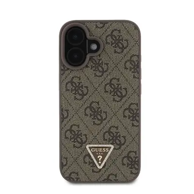 Guess PU 4G Strass Triangle Metal Logo Apple iPhone 16 hátlap tok, barna