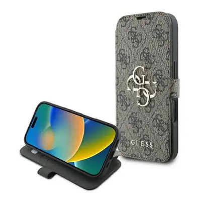 Guess 4G Metal Logo iPhone 16 Plus flip/oldalra nyíló tok, barna GUBKP16M4GMGBR