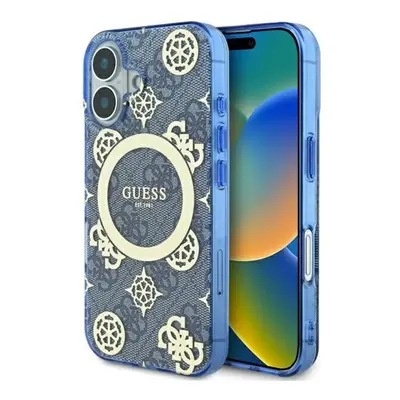 Guess IML Peony On 4G Background iPhone 16 MagSafe kemény hátlap tok, kék GUHMP16SH4PYEEB