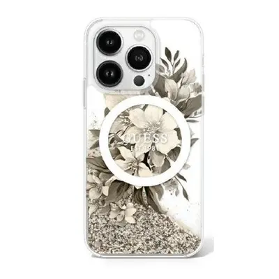 Guess Liquid Glitter Flower iPhone 16 Pro MagSafe kemény hátlap tok, bézs GUHMP16LLFMWTE