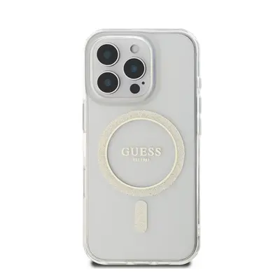 Guess IML Glitter Ring Apple iPhone 16 Pro Magsafe kompatibilis hátlap tok, átlátszó