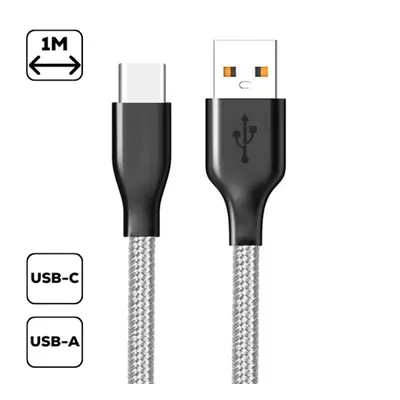 Szövet borítású USB / Type-C töltő- és adatkábel, szürke