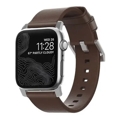 Nomad Leather Apple Watch 42/44/45/49mm bőr szíj, barna ezüst csattal