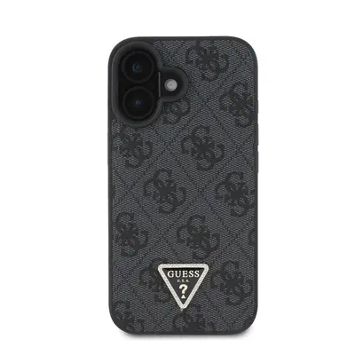 Guess PU 4G Strass Triangle Metal Logo Apple iPhone 16 hátlap tok, fekete