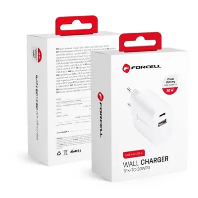 Forcell F-Energy TFK-TC-30WPD USB-C + USB-A töltő adapter, PD, QC4.0, 3A, 30W, fehér