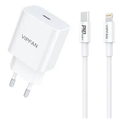 Vipfan E04 USB-C hálózati töltő adapter, QC 3.0 + Lightning kábel, 20W, fehér