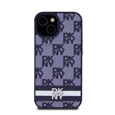 DKNY PU Leather Checkered Pattern and Stripe iPhone 15 tok, kék