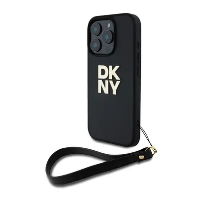 DKNY PU Leather Stack Logo iPhone 16 Pro tok csuklópánttal, fekete