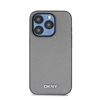 DKNY PU Leather Silver Metal Logo iPhone 15 Pro Max MagSafe tok, szürke