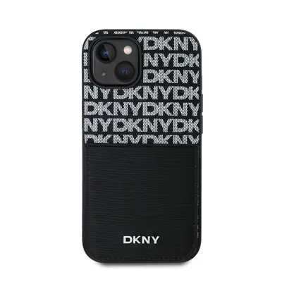 DKNY PU Leather Repeat Pattern iPhone 15 tok kártyatartóval, fekete