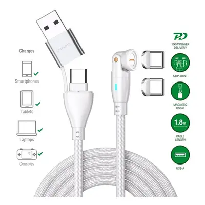 4smarts GravityCord USB-C-USB-A 540 fokos mágneses adatkábel, 100W, 1,8m, fehér