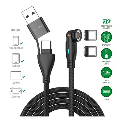 4smarts GravityCord USB-C-USB-A 540 fokos mágneses adatkábel, 100W, 1,8m, fekete