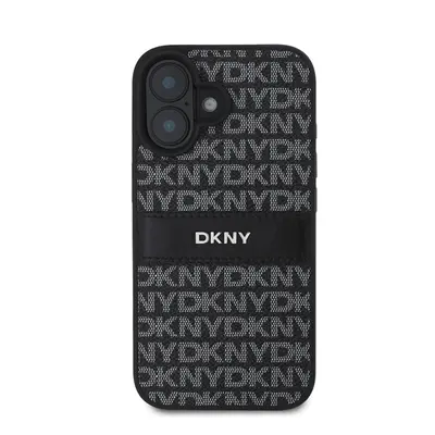 DKNY PU Leather Repeat Pattern Tonal Stripe iPhone 16 Plus tok, fekete