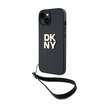 DKNY PU Leather Stack Logo Apple iPhone 13 hátlap tok csuklópánttal, fekete