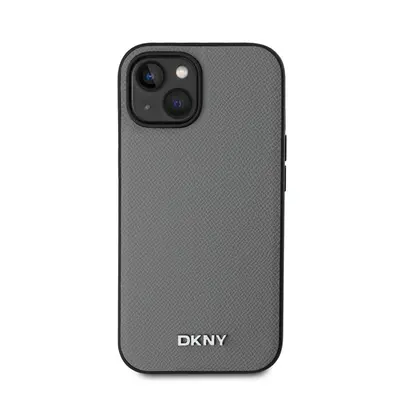 DKNY PU Leather Silver Metal Logo iPhone 15 MagSafe tok, szürke