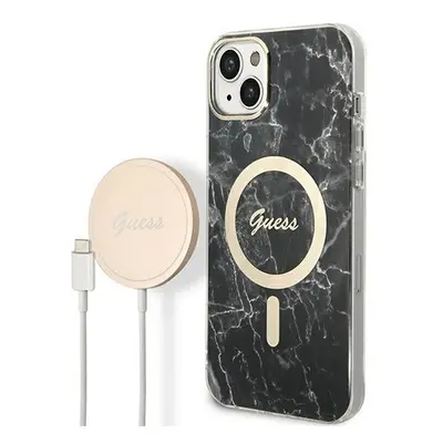 Guess Marble MagSafe Apple iPhone 14 hátlap tok, fekete + MagSafe töltő