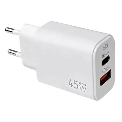 Hálózati töltő gyorstöltő adapter USB + Type-C, PD, QC, GaN, 45W, fehér