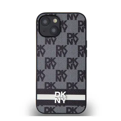 DKNY PU Leather Checkered Pattern and Stripe Apple iPhone 13 hátlap tok, fekete