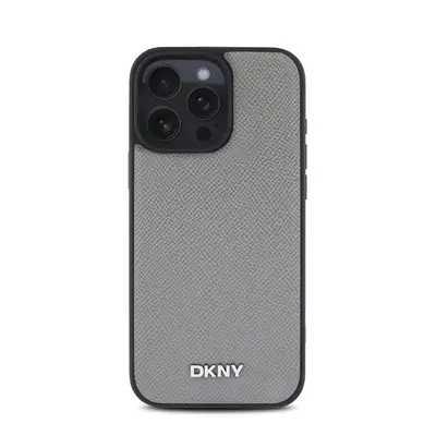 DKNY PU Leather Silver Metal Logo iPhone 16 Pro Max MagSafe tok, szürke