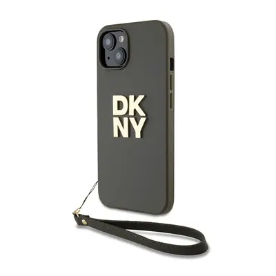 DKNY PU Leather Stack Logo Apple iPhone 13 hátlap tok csuklópánttal, barna