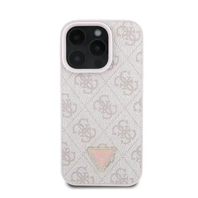 Guess PU 4G Strass Triangle Metal Logo Apple iPhone 16 Pro hátlap tok, rózsaszín